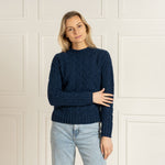 MENIQUE 100% Merino Wool Womens Knit Cable Sweater Prague Dark Blue