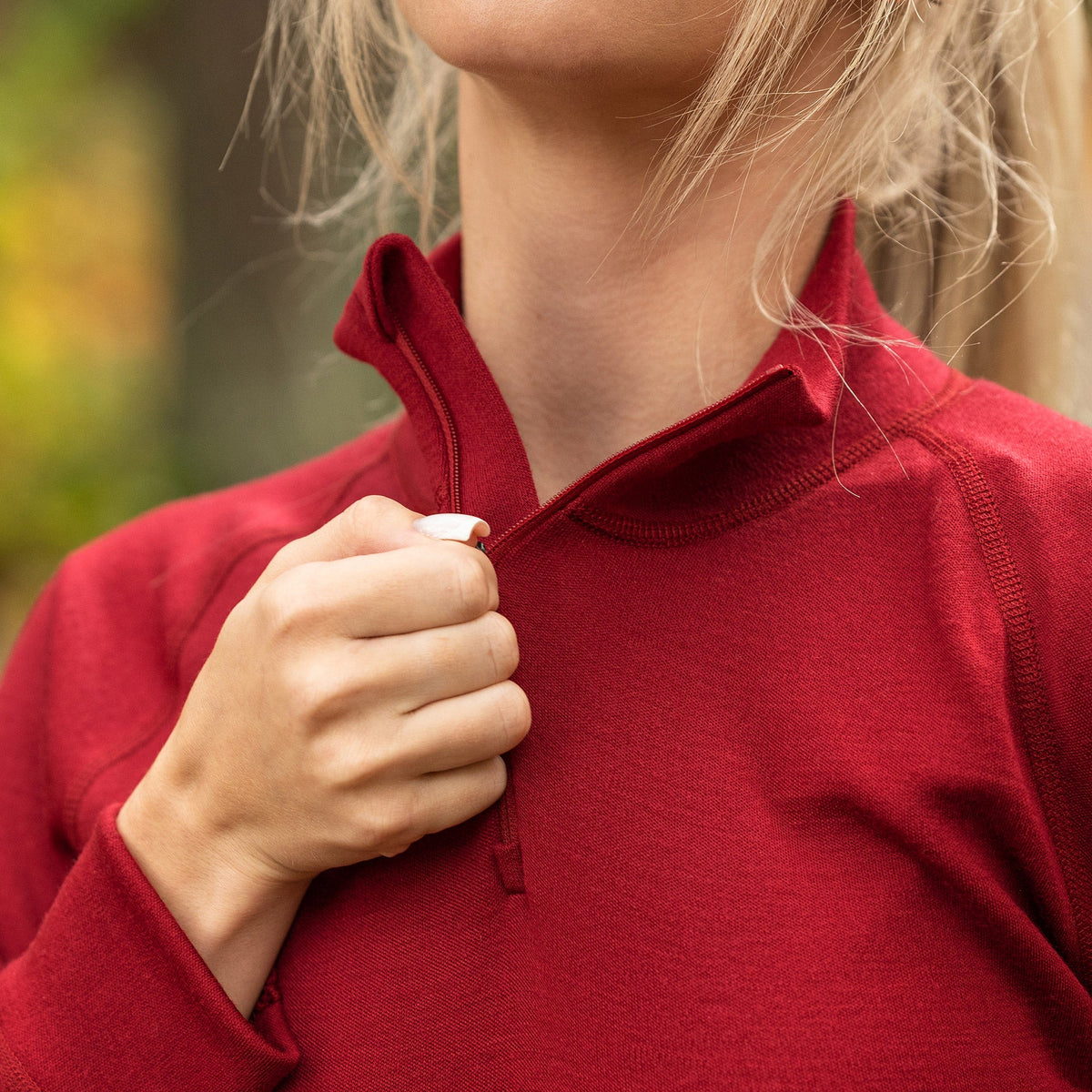 MENIQUE 100% Merino Wool Womens Zip Neck Top Royal Cherry