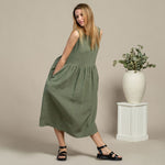 MENIQUE 100% Linen Smock Dress Maya Stone Green