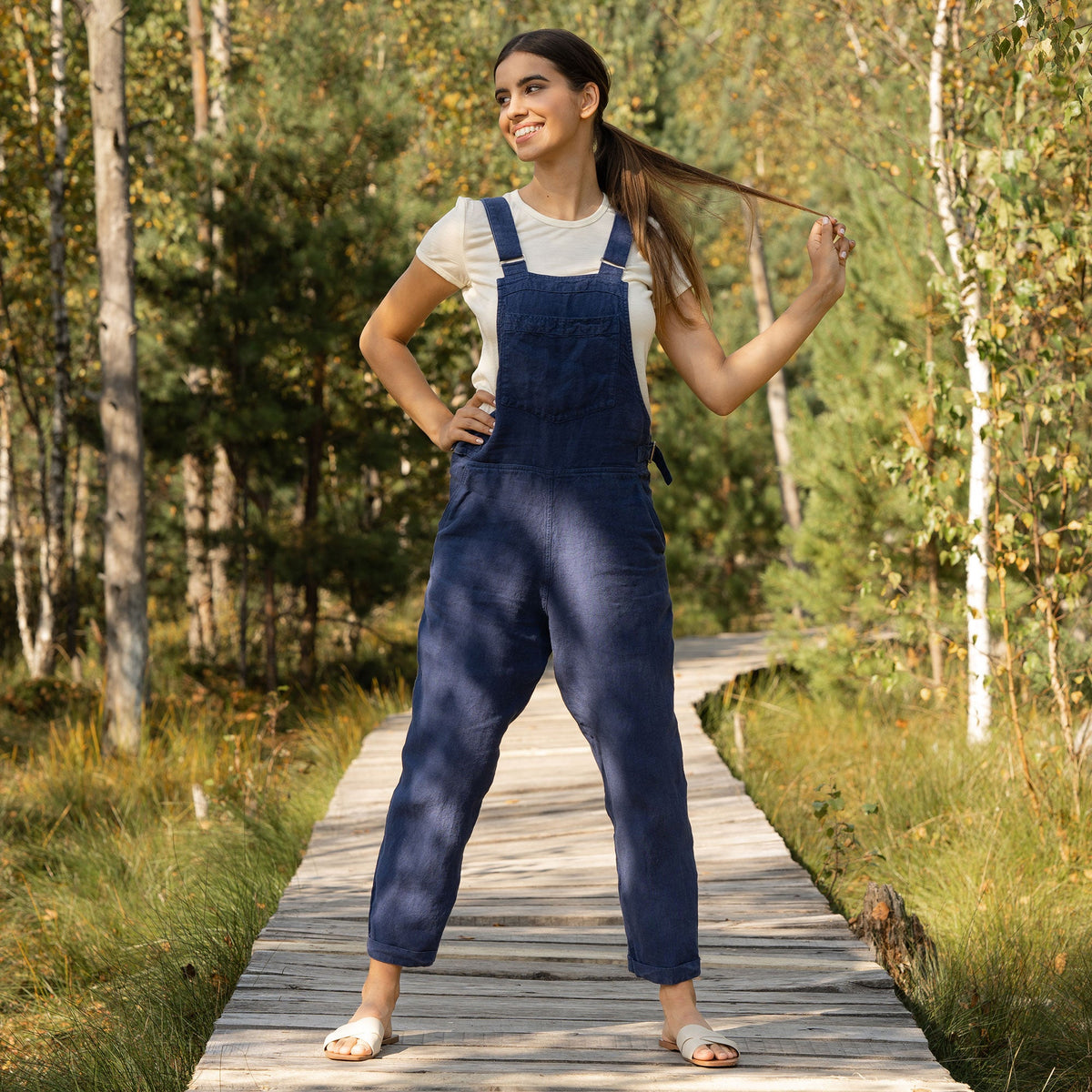 MENIQUE 100% Linen Pinafore Jumpsuit Nicci Storm Blue