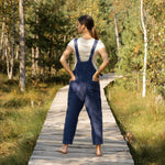 MENIQUE 100% Linen Pinafore Jumpsuit Nicci Storm Blue