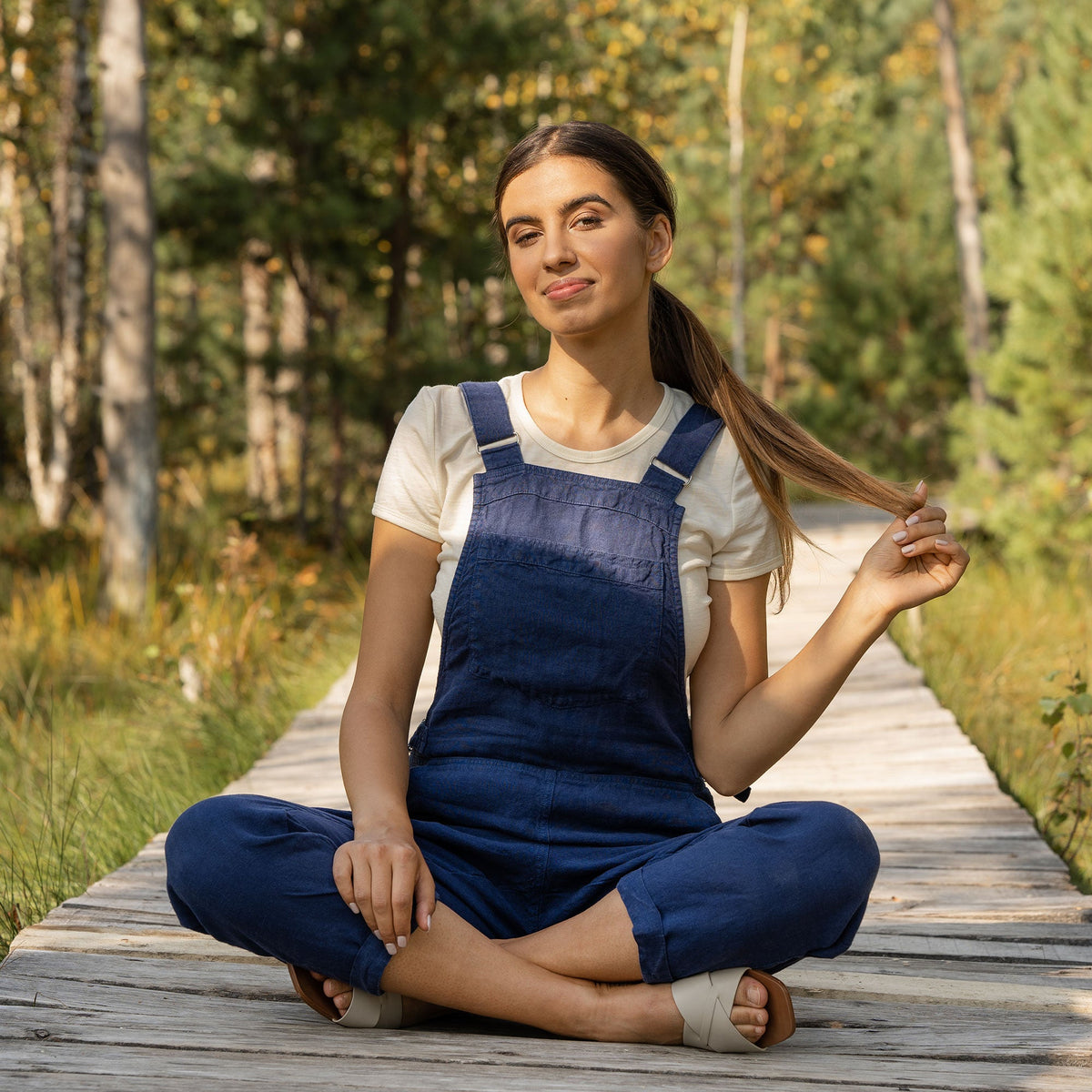 MENIQUE 100% Linen Pinafore Jumpsuit Nicci Storm Blue