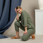 MENIQUE 100% Linen Long Sleeve Blouse & Pants 2-Piece Stone Green