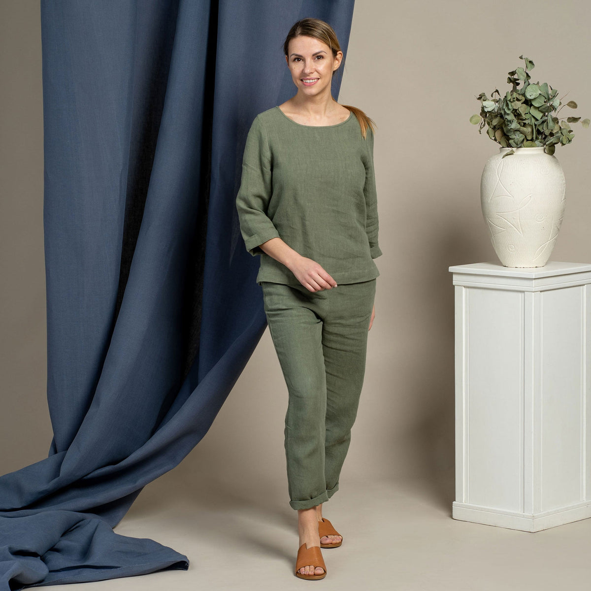 MENIQUE 100% Linen Long Sleeve Blouse & Pants 2-Piece Stone Green