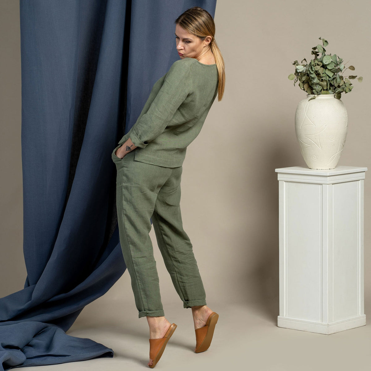 MENIQUE 100% Linen Long Sleeve Blouse & Pants 2-Piece Stone Green