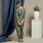 MENIQUE 100% Linen Long Sleeve Blouse & Pants 2-Piece Stone Green