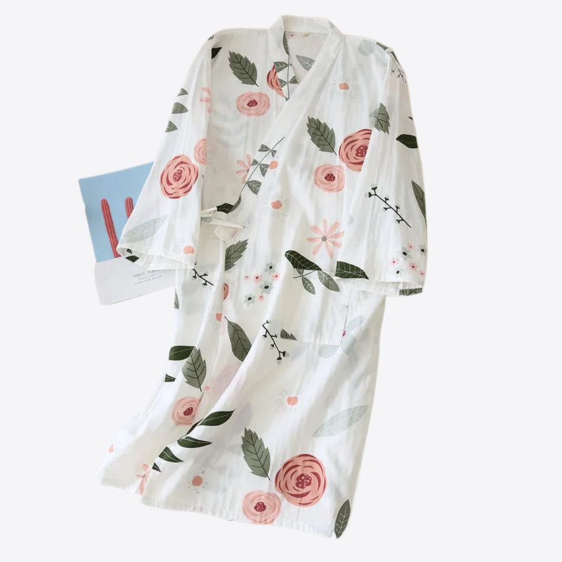 Rose Petals Floral 100% Cotton Womens Lounge Kimono Robe | Hypoallergenic - Allergy Friendly - Naturally Free