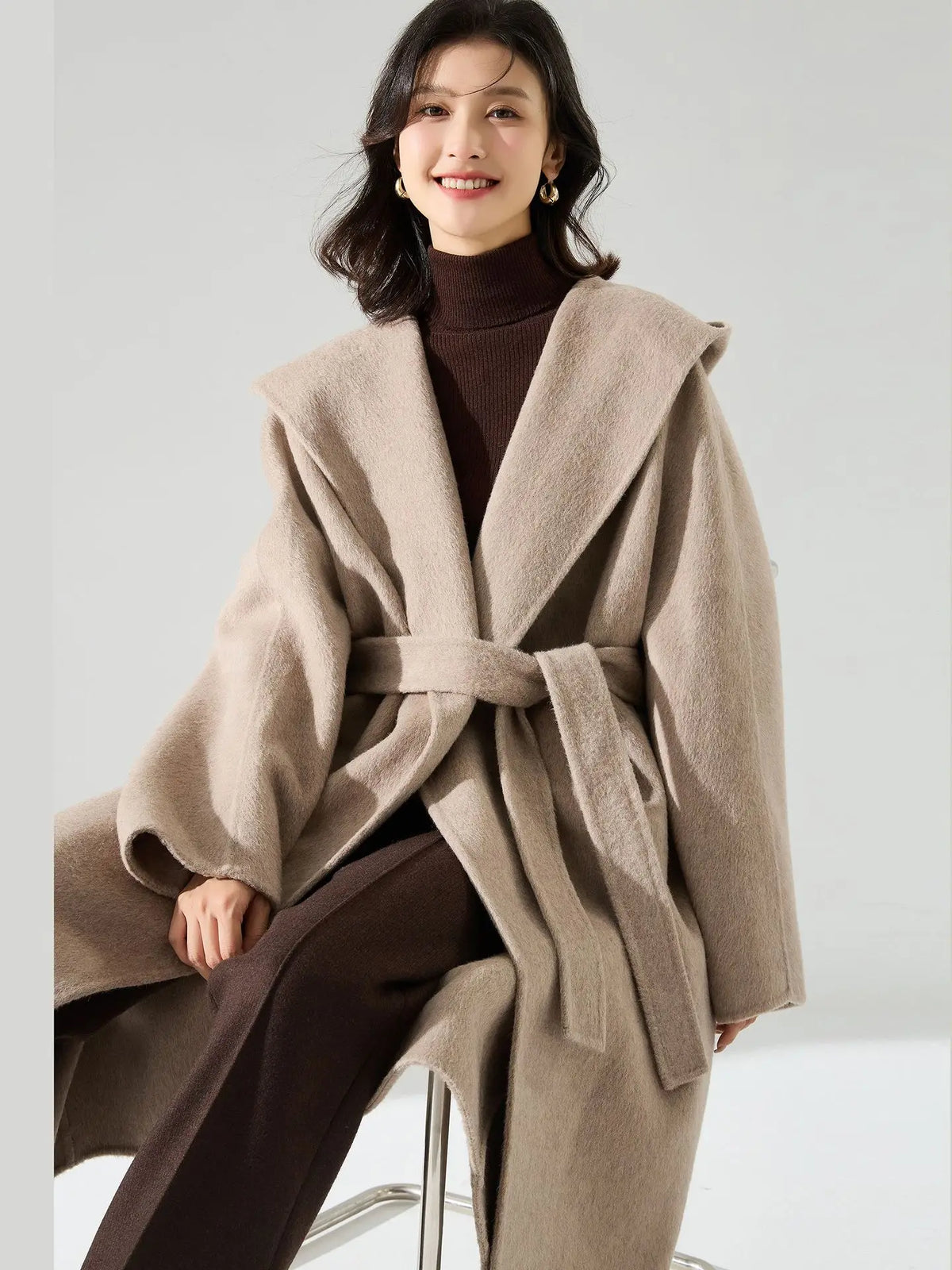 Winter New High End Silk Cashmere Woolen Coat Women Long Hooded Bathrobe Solid Color Hoodie Elegant Wool Overcoat 15485