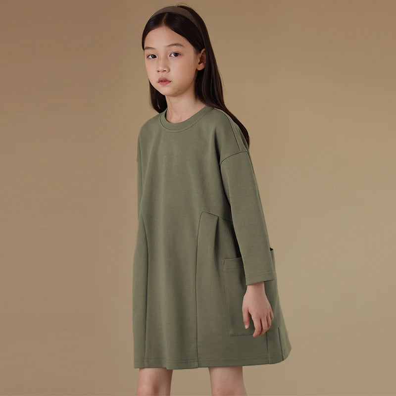Mustard Greens Pocket Cotton Girls Dress