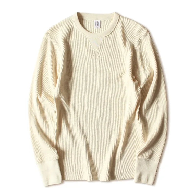 315g Heavy Jumper American Retro Khaki Waffle Knit Jersey Cotton Neckline Long-sleeved Sweatshirt Cotton Men Slim Fit Sweater