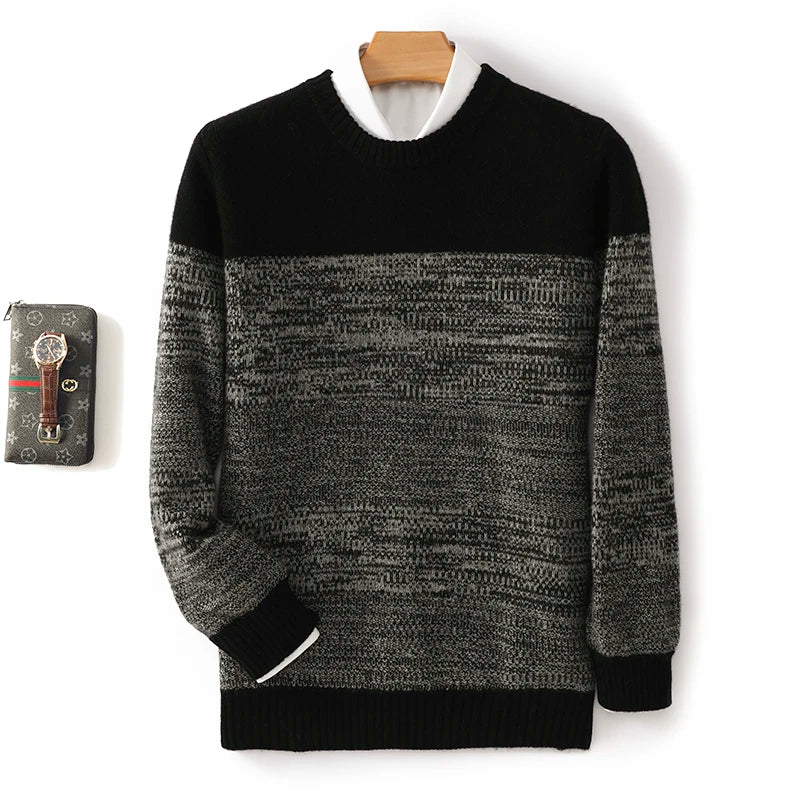 Autumn and winter new 100% Merino wool men's round neck thick jacquard matching color pullover sweater casual business base coat