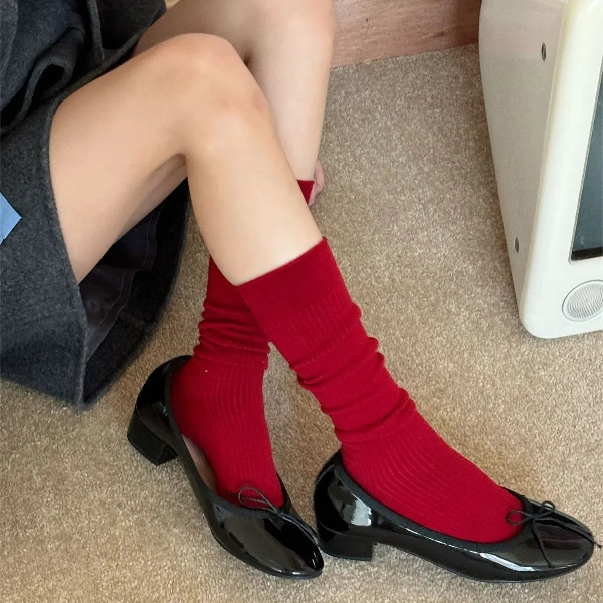 Curled Mulberry Silk Wool Long Stocking Women's College Style Winter Solid Color Stacking Socks Fashion Boneless Socks