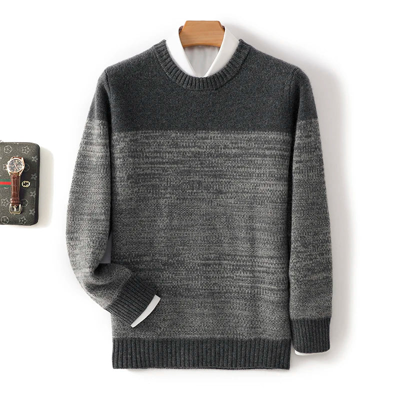 and winter 100% Merino wool men's round neck thick jacquard matching color pullover sweater casual business base coat