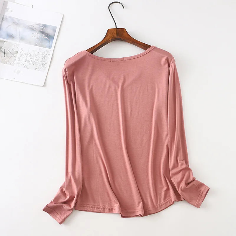 Autumn Modal Tshirt Women's Loose V Neck Bottoming T-shirts Long sleeves Casual Base Tee Tops Solid color Tee Shirts