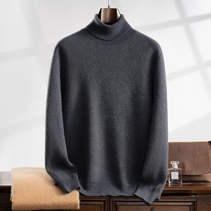 Air layer autumn and winter new 100% cashmere men's lapel sweater loose fashion pullover slim warm knit solid color long sleeve