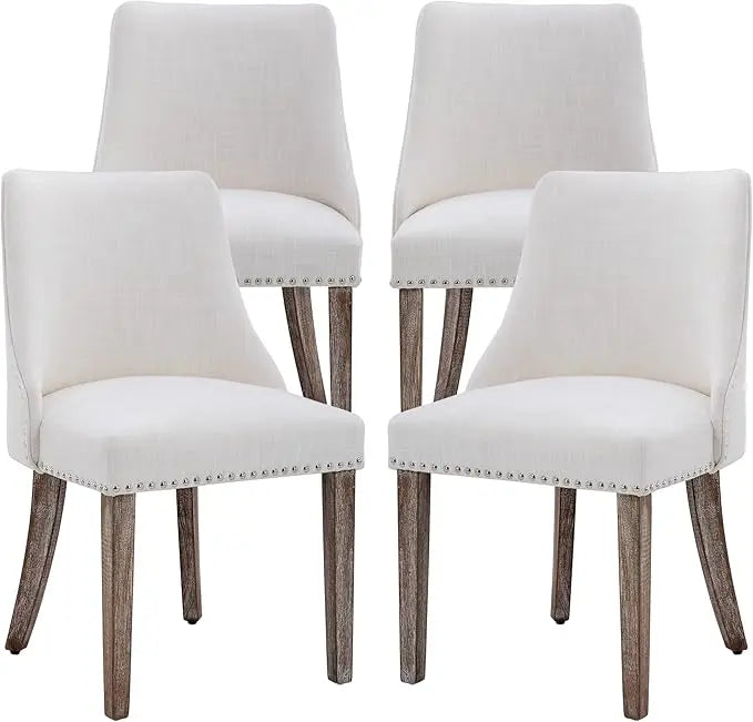 Mid Century Modern Linen Dining Chairs Set with Wood Legs