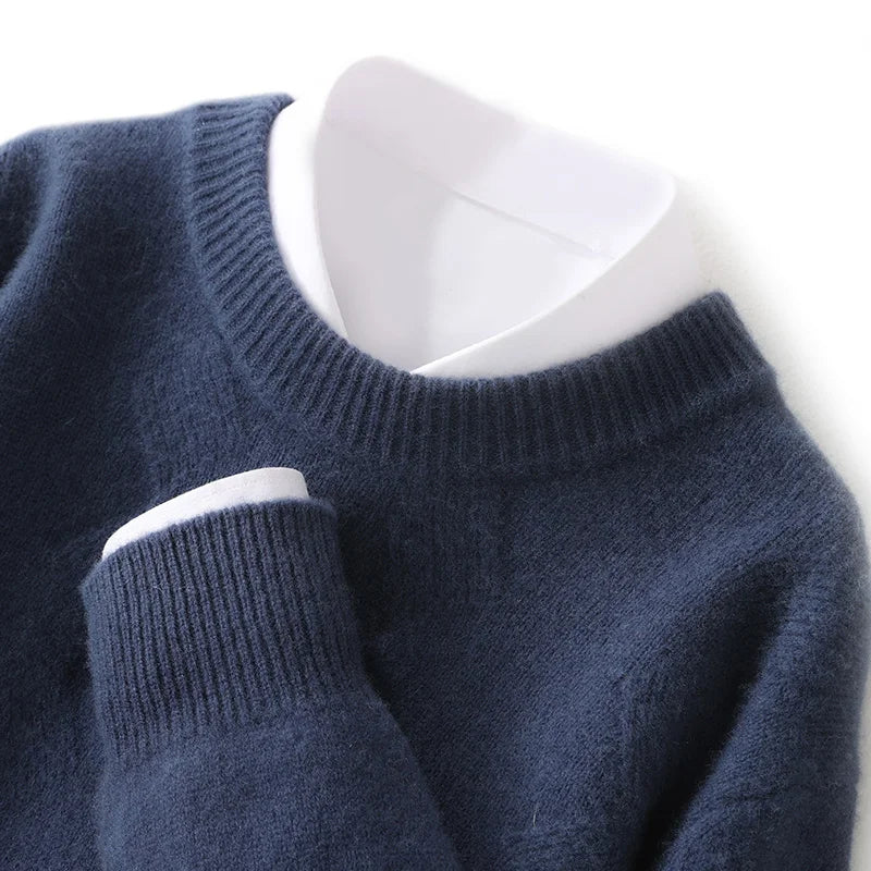 Men's 100% merino wool round neck cashmere sweater thick warm sweater long sleeve business casual pullover in autum