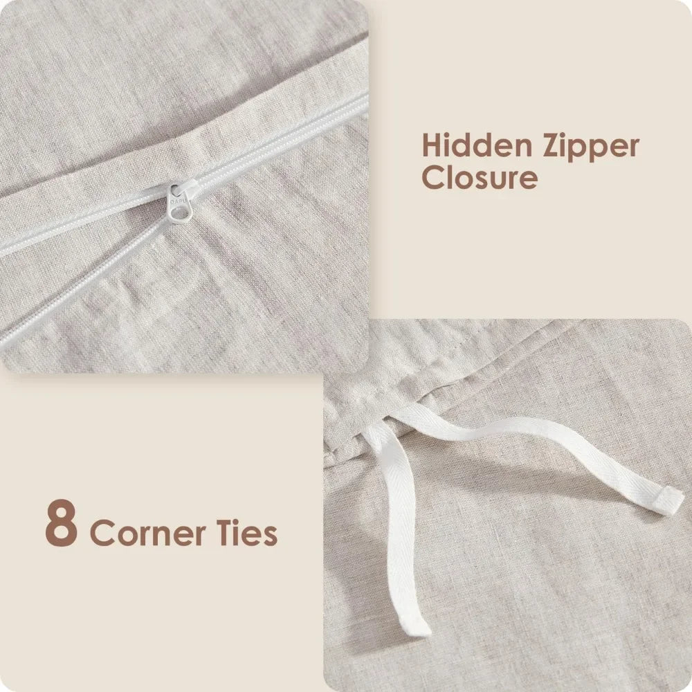 Natural Oasis 100% Linen Duvet Cover & Pillowcase Bed Set With Zipper & Ties
