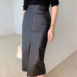 Women Matte Faux Leather Hem Split Midi Shkirts Office Ladies High Waist PU Pencil Skirt With Pockets New Casual