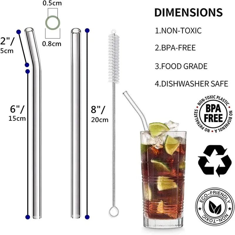 8Pcs Reusable Colored Heat Resistant Borosilicate Glass Straws With Cleaning Pipes