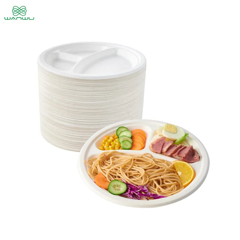 Healthy Eats 50-Pack 3 Compartment Biodegradable Sugarcane Disposable Plates