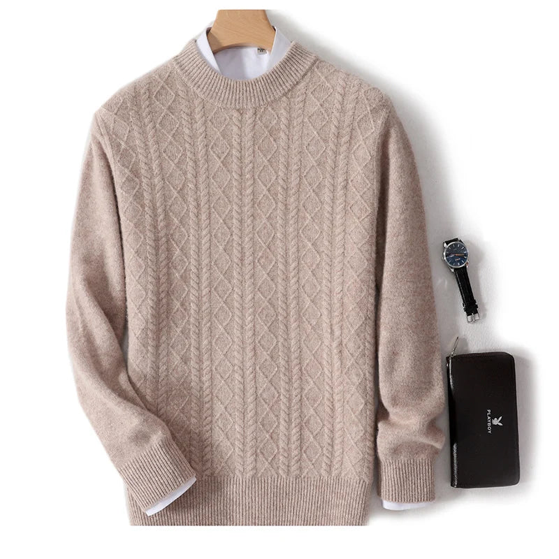 Autumn and winter new 100% Merino wool men's crewneck thick jacquard pullover sweater casual business knit base coat