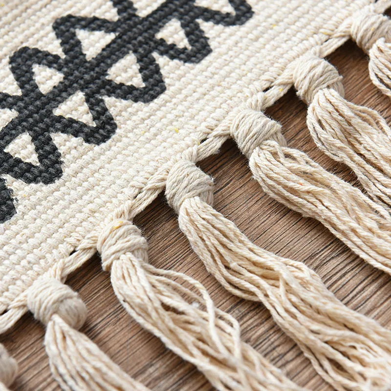Aztec Print Geometric Cotton Linen Rug With Tassels