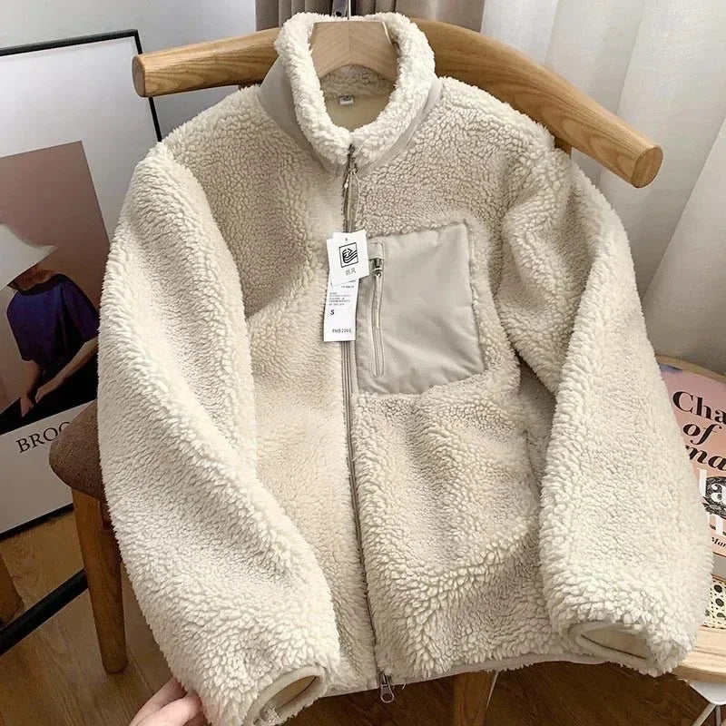 Autumn and Winter Japanese Thick Fleece Stand Neck Jacket Couple Zipper Loose Warm Lamb Wool Coat Solid color jacket