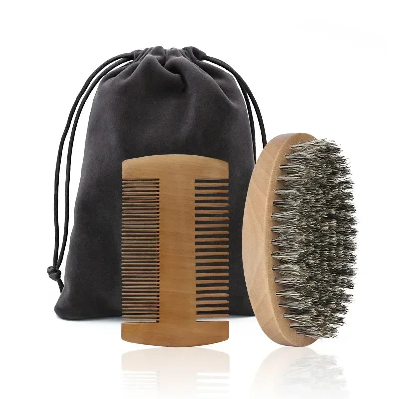 Man Beard Brush Soft Boar Bristle Barber Shaving Brush Hair Combs Professional Men Mustache Comb Kit With Gifts Bag Hair Combs