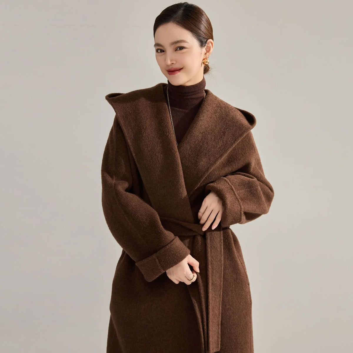 2024 Winter New High End Silk Cashmere Woolen Coat Women Long Hooded Bathrobe Solid Color Hoodie Elegant Wool Overcoat 15485