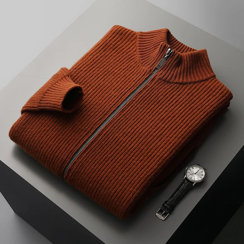 and winter 100% pure sweater men's round neck cardigan loose thick sweater business casual cashmere sweater.