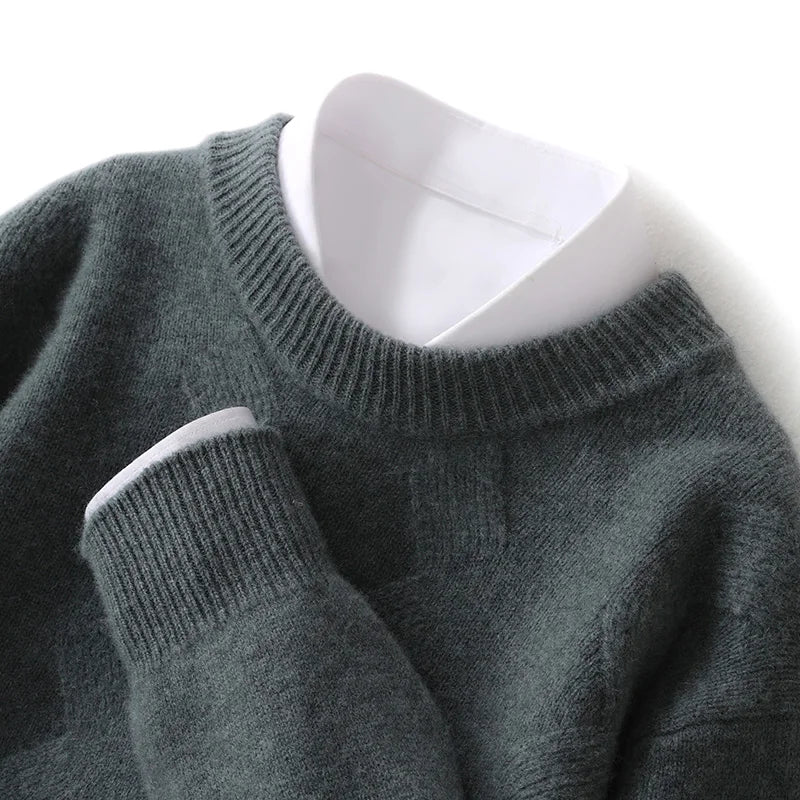 Men's 100% merino wool new round neck cashmere sweater thick warm high-end sweater long sleeve business casual pullover in autum