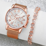 Rhinestone Jewel 2Pcs Stainless Steel Womens Watch & Bracelet Set