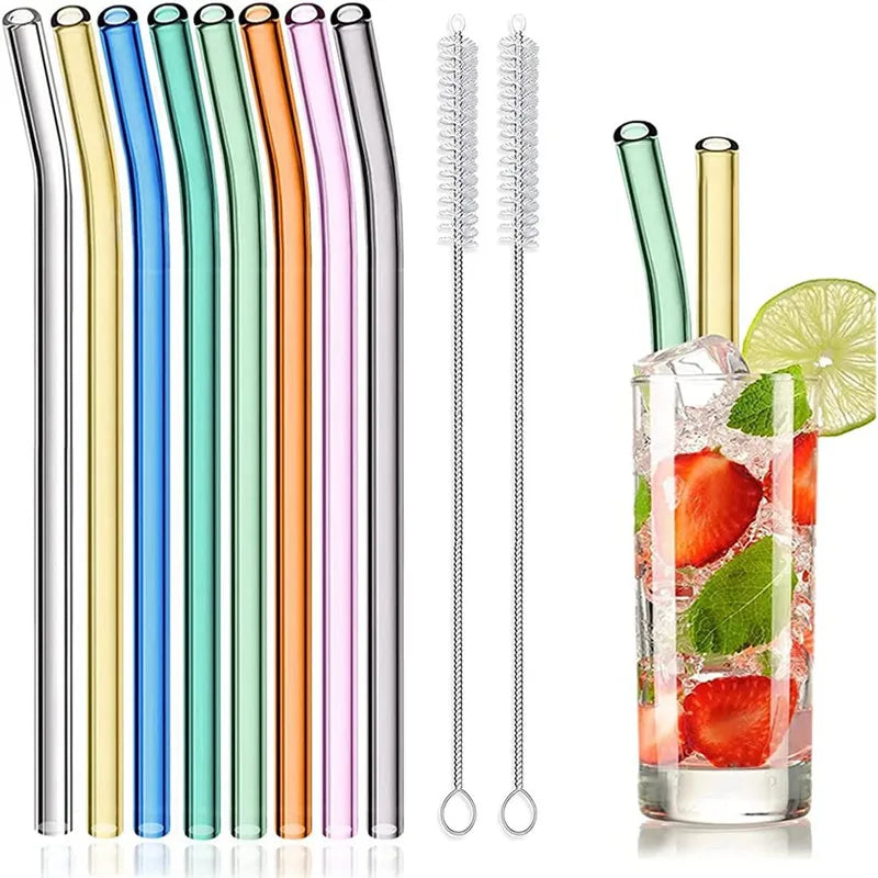 8Pcs Reusable Colored Heat Resistant Borosilicate Glass Straws With Cleaning Pipes