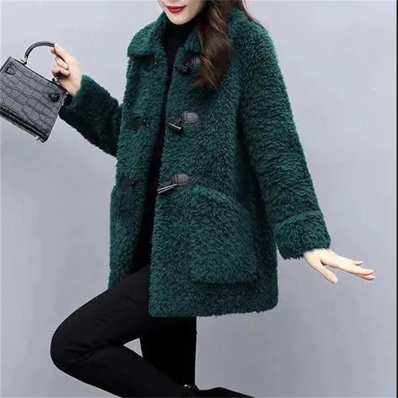 Women's New Middle-Aged And Elderly Cashmere Thickened Imitation Lamb Wool Overcoat Female Winter Grain Wool Middle Long Coat