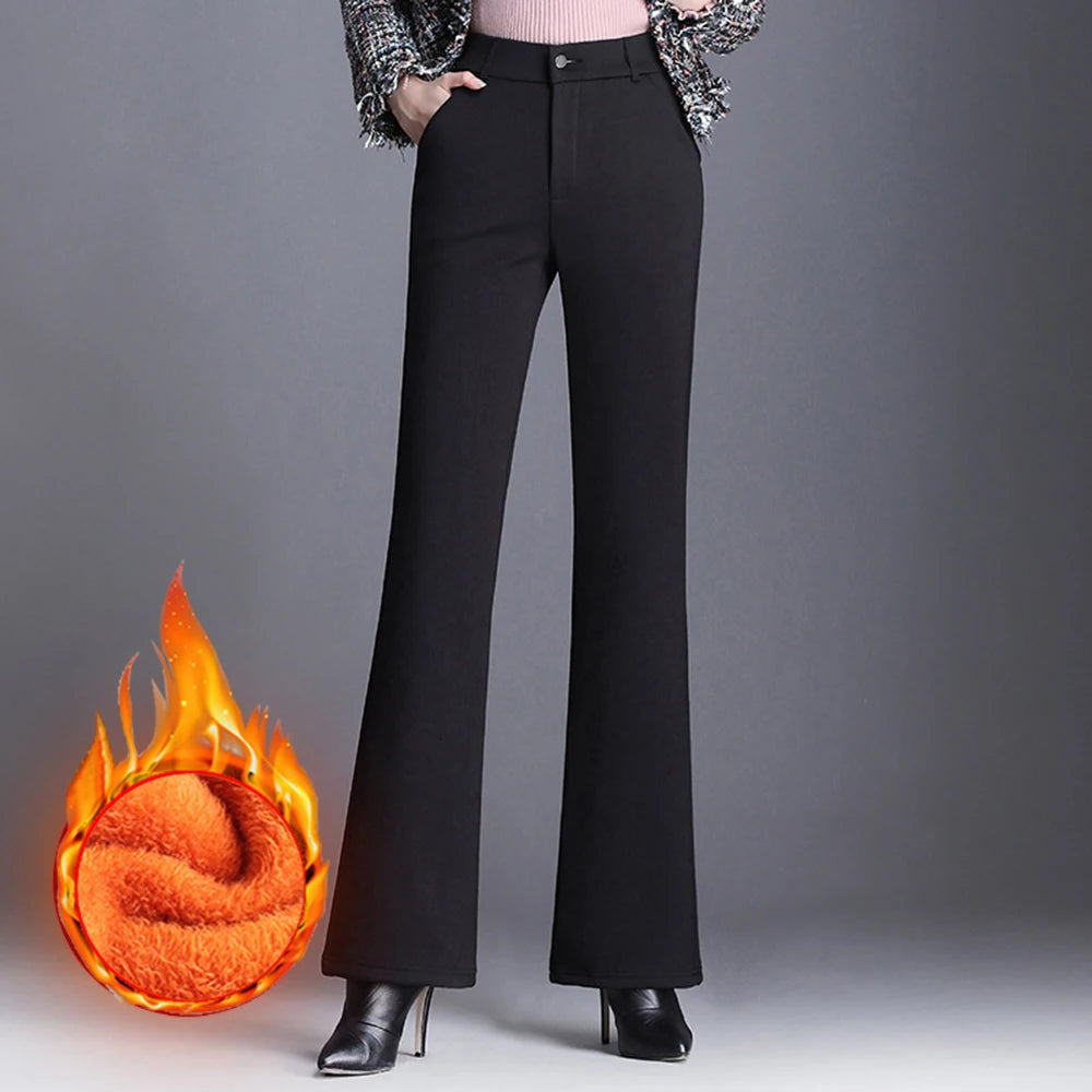 Women Plus Size High Waist Winter Fleece Velvet Plush Suit Pants Thicken Warm Office Flare Trousers Hot Lining 9XL 6XL