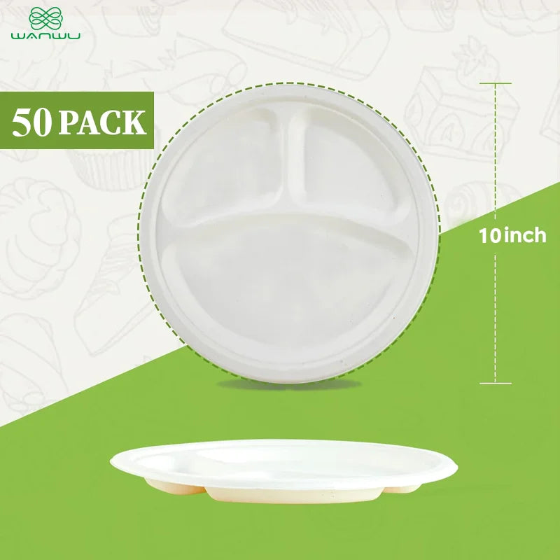 Healthy Eats 50-Pack 3 Compartment Biodegradable Sugarcane Disposable Plates