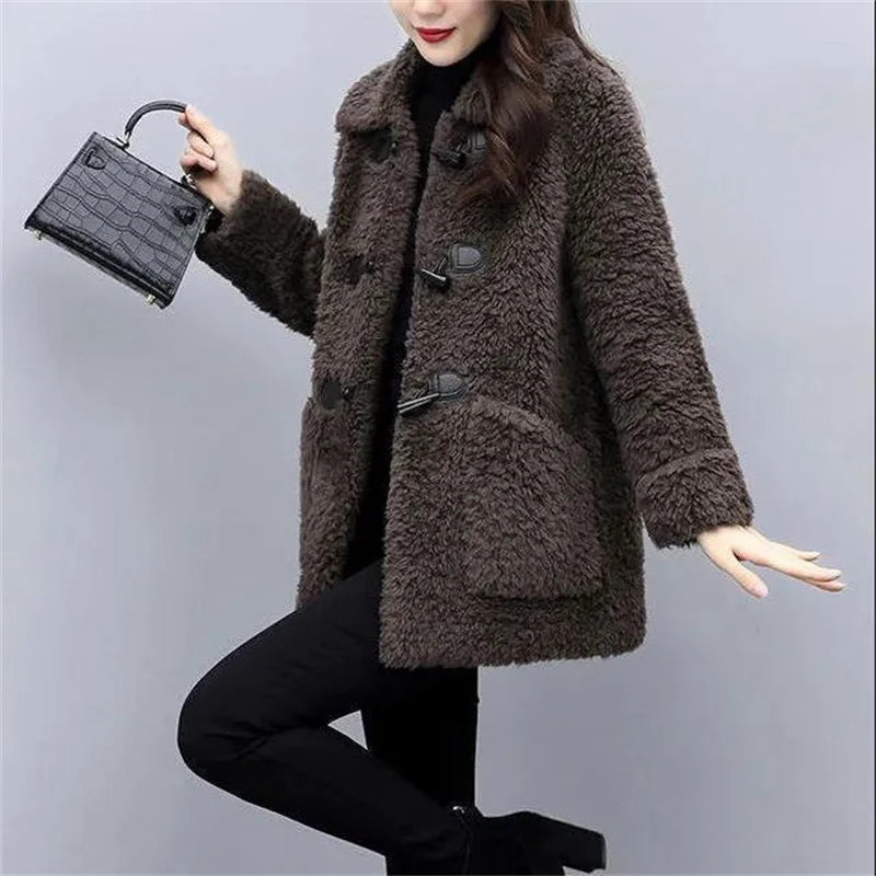 Women's New Middle-Aged And Elderly Cashmere Thickened Imitation Lamb Wool Overcoat Female Winter Grain Wool Middle Long Coat