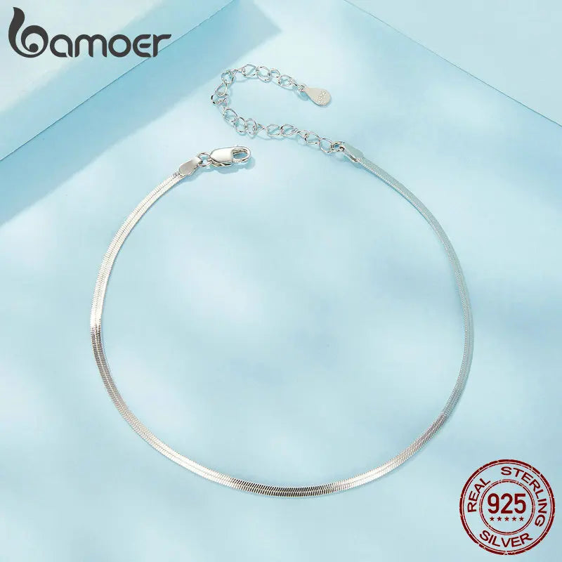 BAMOER 925 Sterling Silver Snake Chain Anklet Bracelet, Adjustable Beach Ankle Bracelets for Women Foot Chain Jewelry 3 Styles