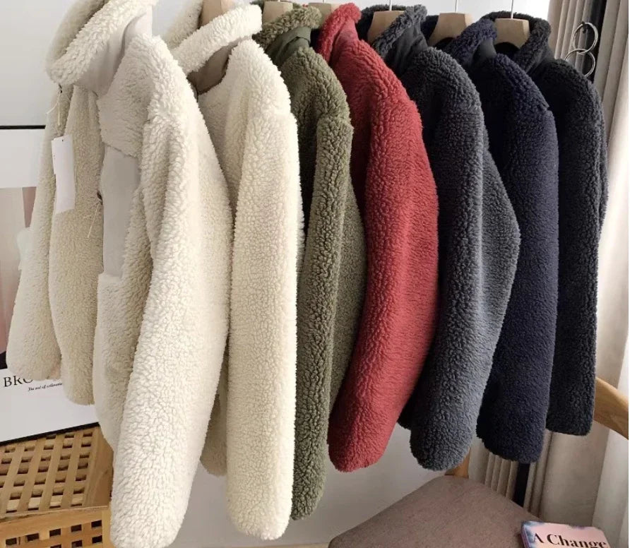 Autumn and Winter Japanese Thick Fleece Stand Neck Jacket Couple Zipper Loose Warm Lamb Wool Coat Solid color jacket