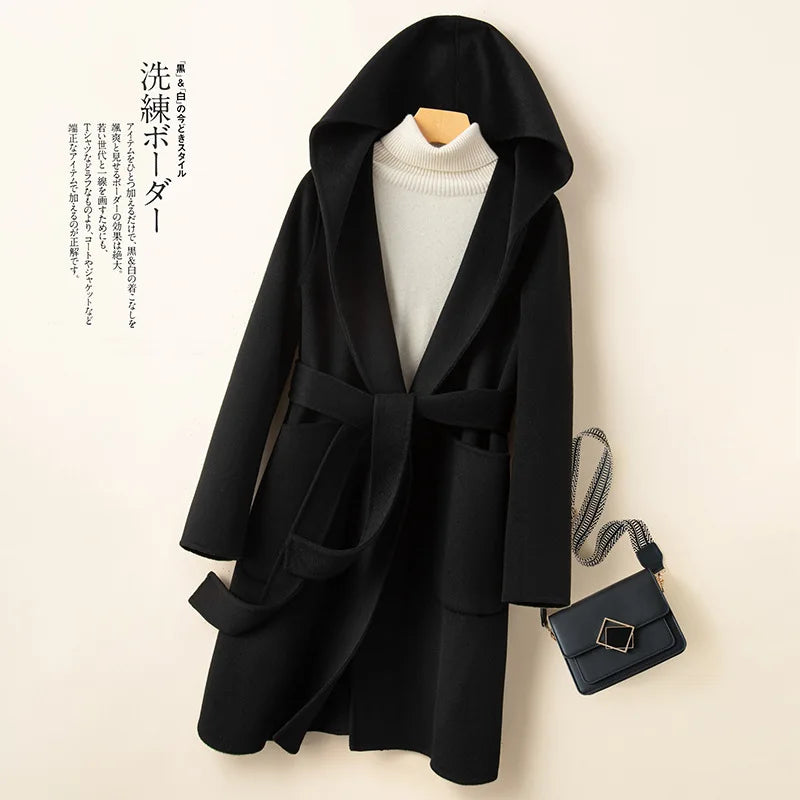 Korean Design Women Double-sided Cashmere Mid-length Hoodie Coat With Belt Lace Up Hooded Slimming Wool Jacket Winter