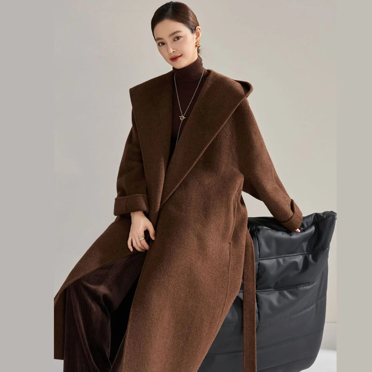 2024 Winter New High End Silk Cashmere Woolen Coat Women Long Hooded Bathrobe Solid Color Hoodie Elegant Wool Overcoat 15485