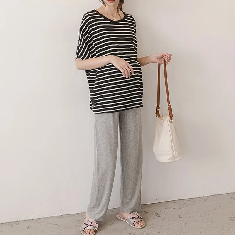 Gray Horizon Stripes Viscose Maternity Lounge Pants