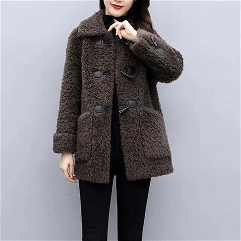 Women's New Middle-Aged And Elderly Cashmere Thickened Imitation Lamb Wool Overcoat Female Winter Grain Wool Middle Long Coat