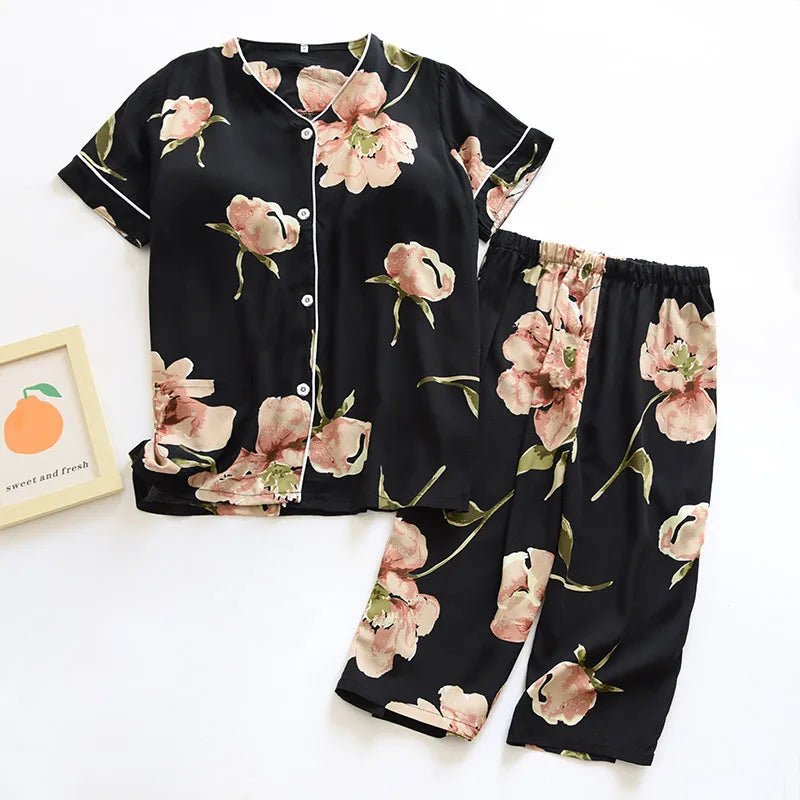 Floral Fruit Short Sleeves Cotton Womens Pajama Set