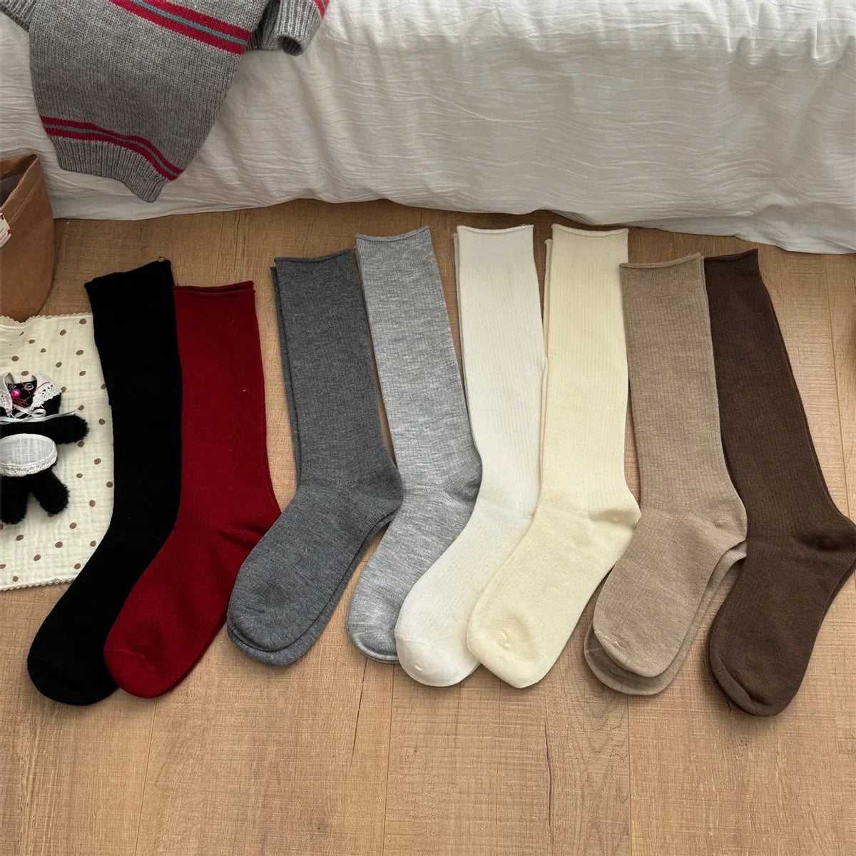 Curled Mulberry Silk Wool Long Stocking Women's College Style Winter Solid Color Stacking Socks Fashion Boneless Socks