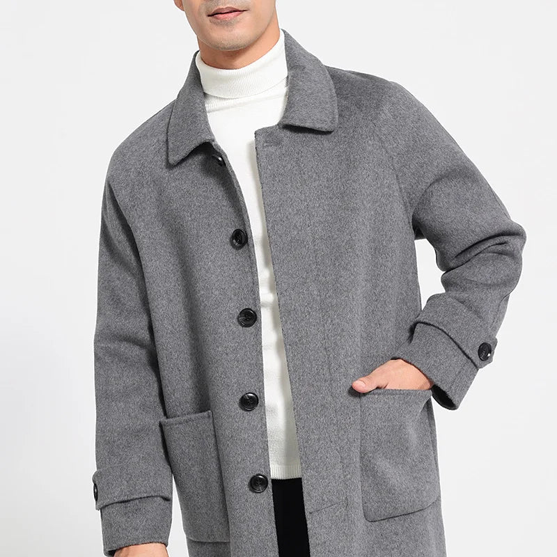 Mid-Length Single-Breasted Polo Collar Men's Overcoat Double-Sided Woolen 100% Pure Wool High-End Coat Fashion Men's Clothing