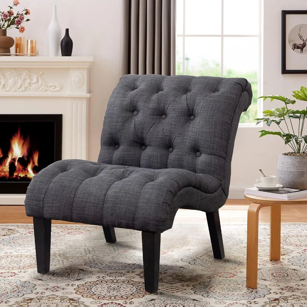 Accent Chair for Bedroom Living Room Chairs Tufted Upholstered Lounge Chair with Wood Legs Linen Fabric