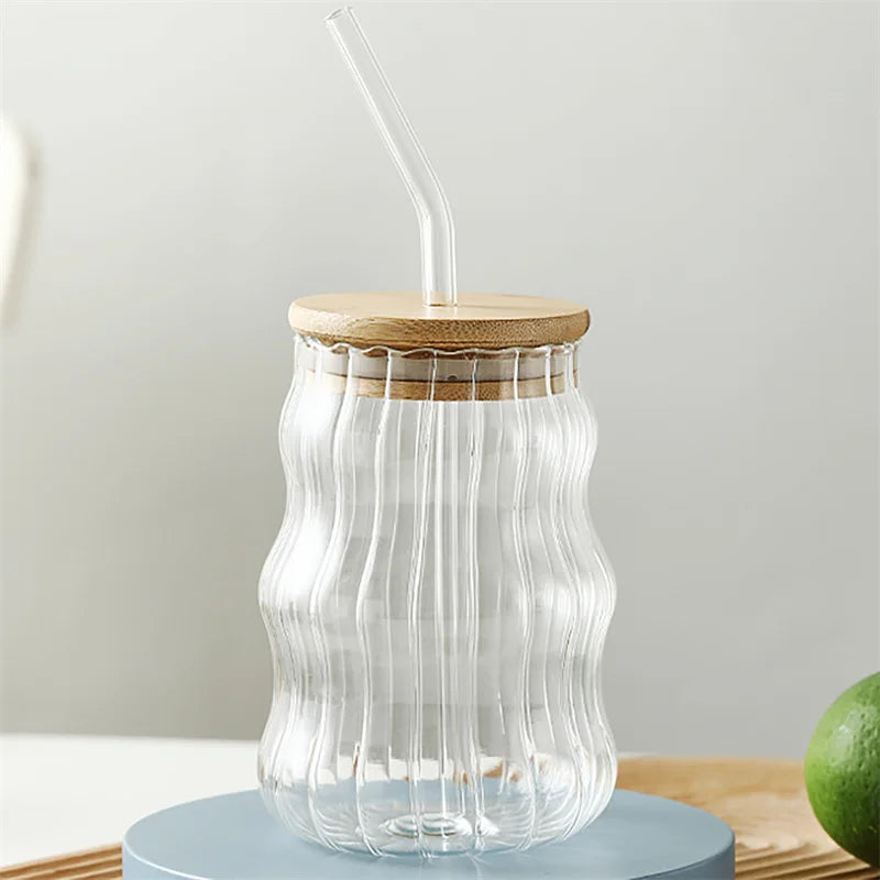 1Pc Latte Glass Cups With Wooden Lid and Straw