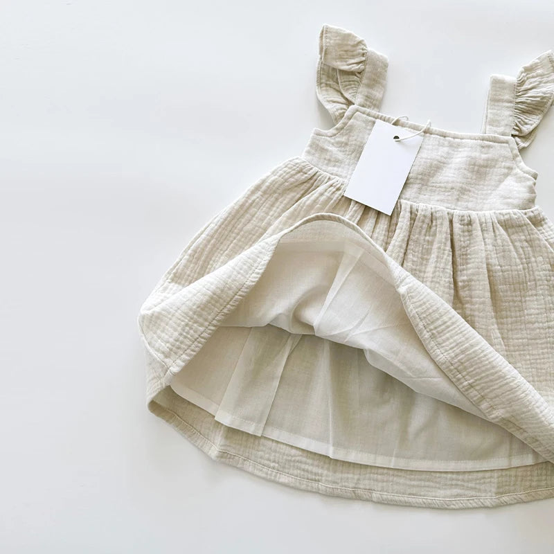 100%Cotton Muslin Girls White Dress With Lined Summer New Retro Baby Girl Sleeveless Ruffled Straps Flowy Princess Dresses TZ385